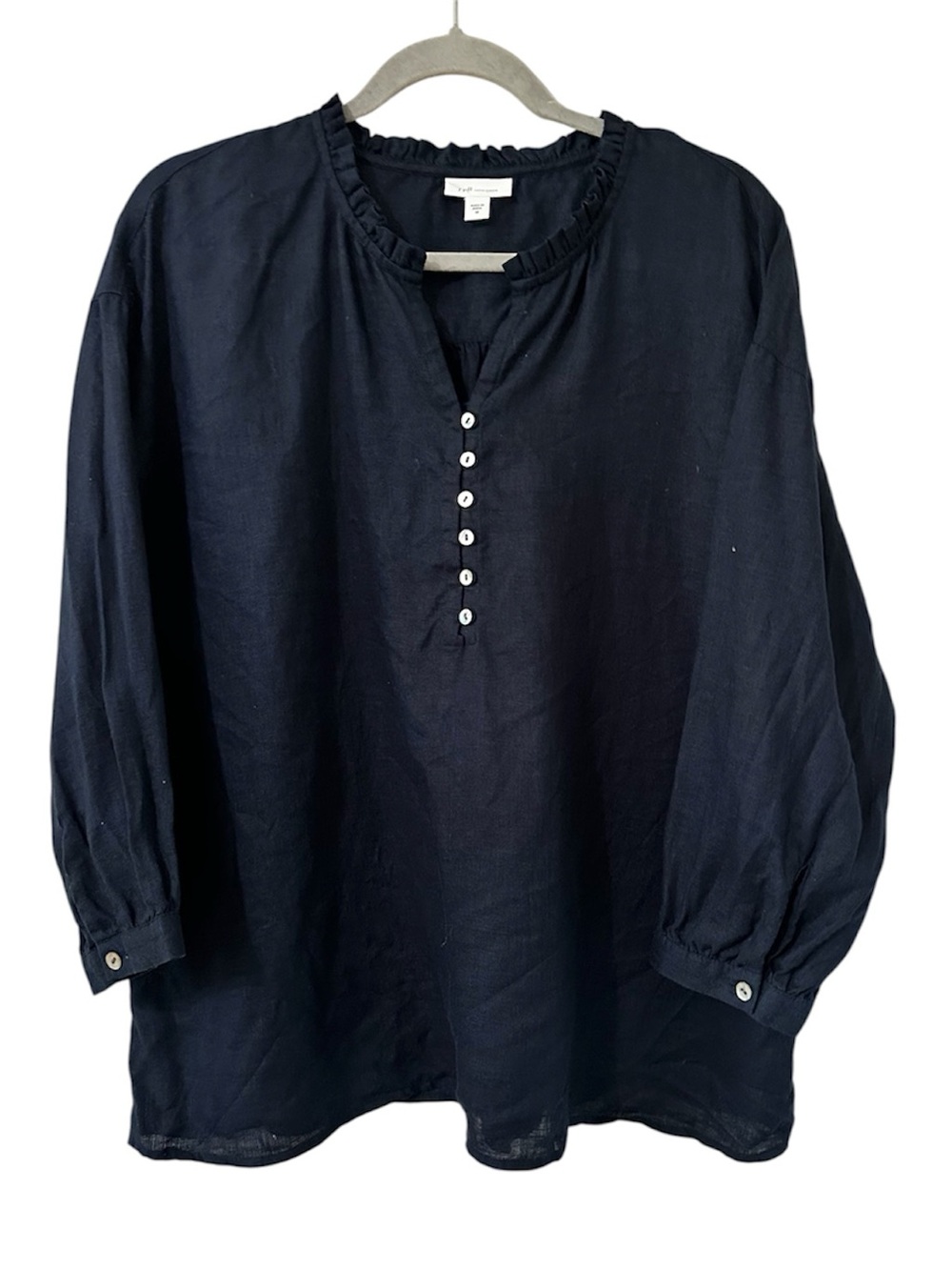 J Jill Ruffle Collar Linen Navy Blouse